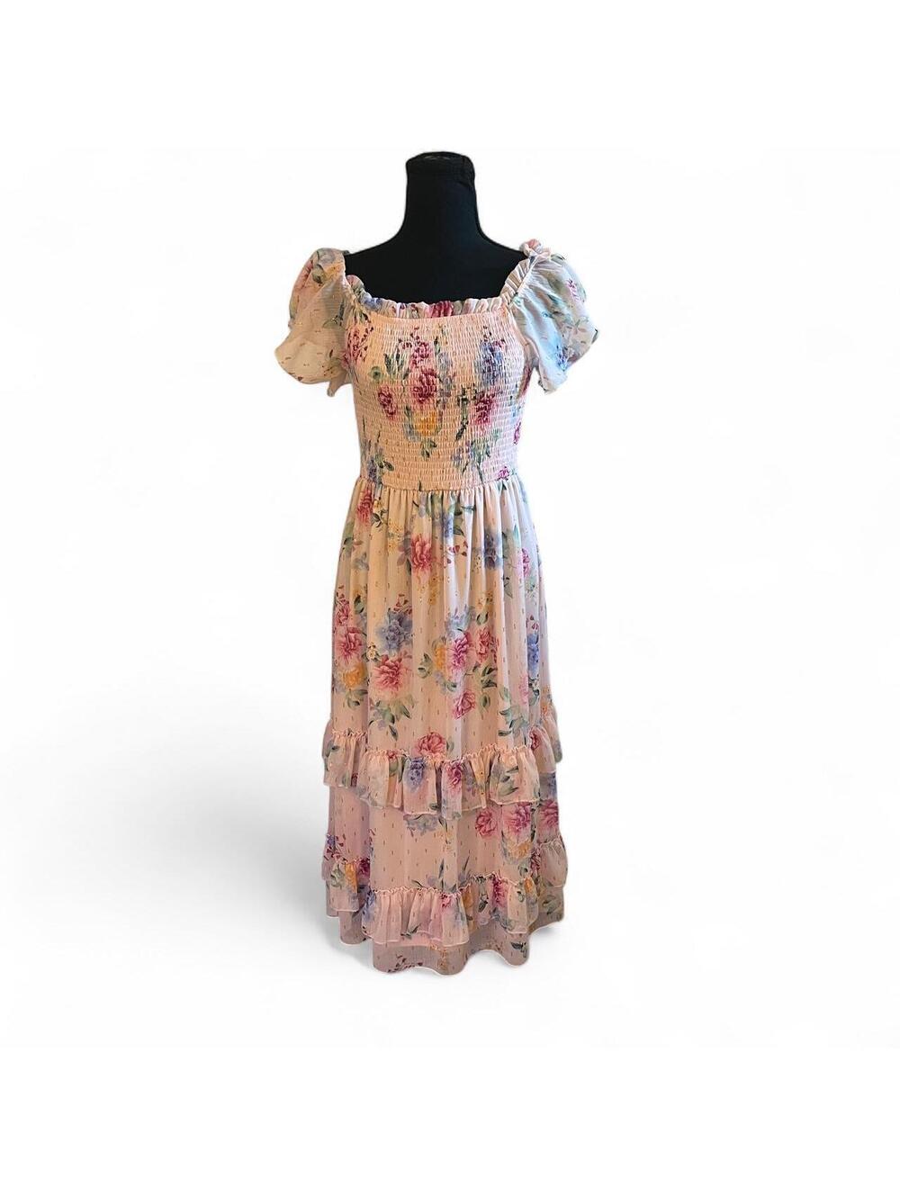Rare Editions Pink Floral Tiered  Flowy Fairy Smocked Long Midi Dress Women XS-S